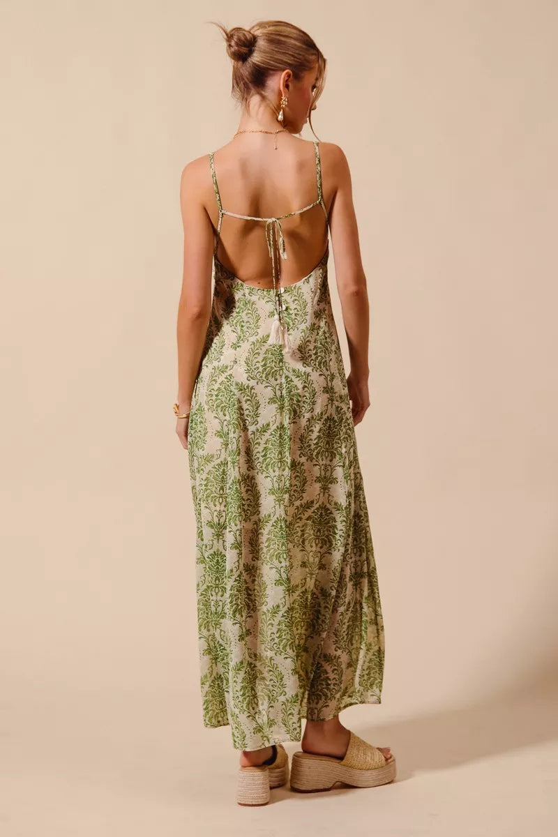 SO ME Damask Floral Summer Maxi Flowy Dress With Open Back