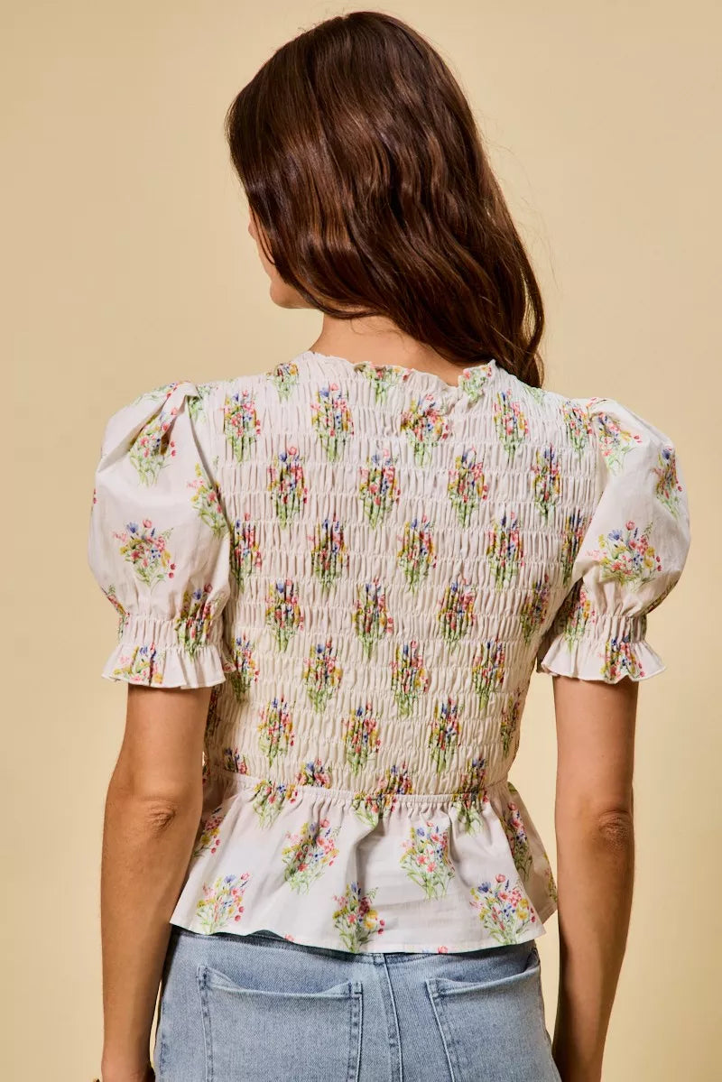 SO ME Floral Cotton Smocked Short Sleeves Blouse