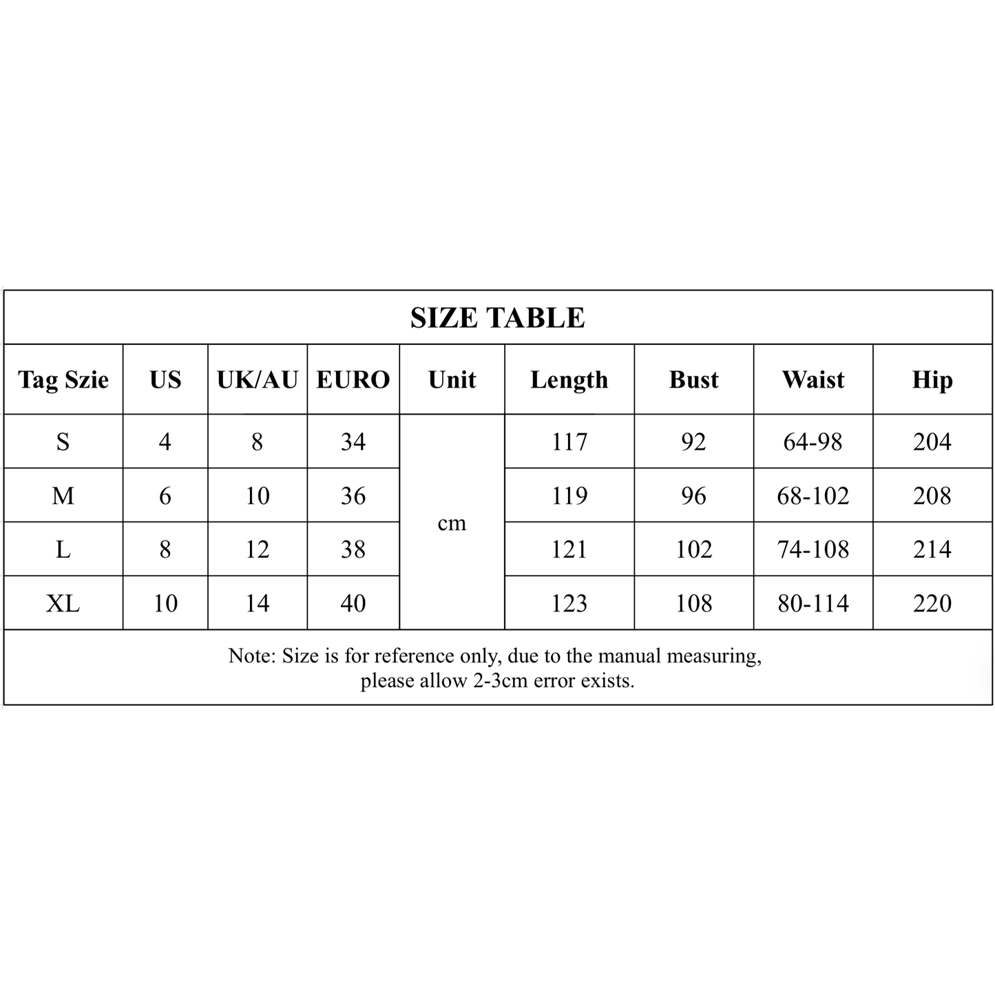 Size table for clothing with measurements in centimeters
