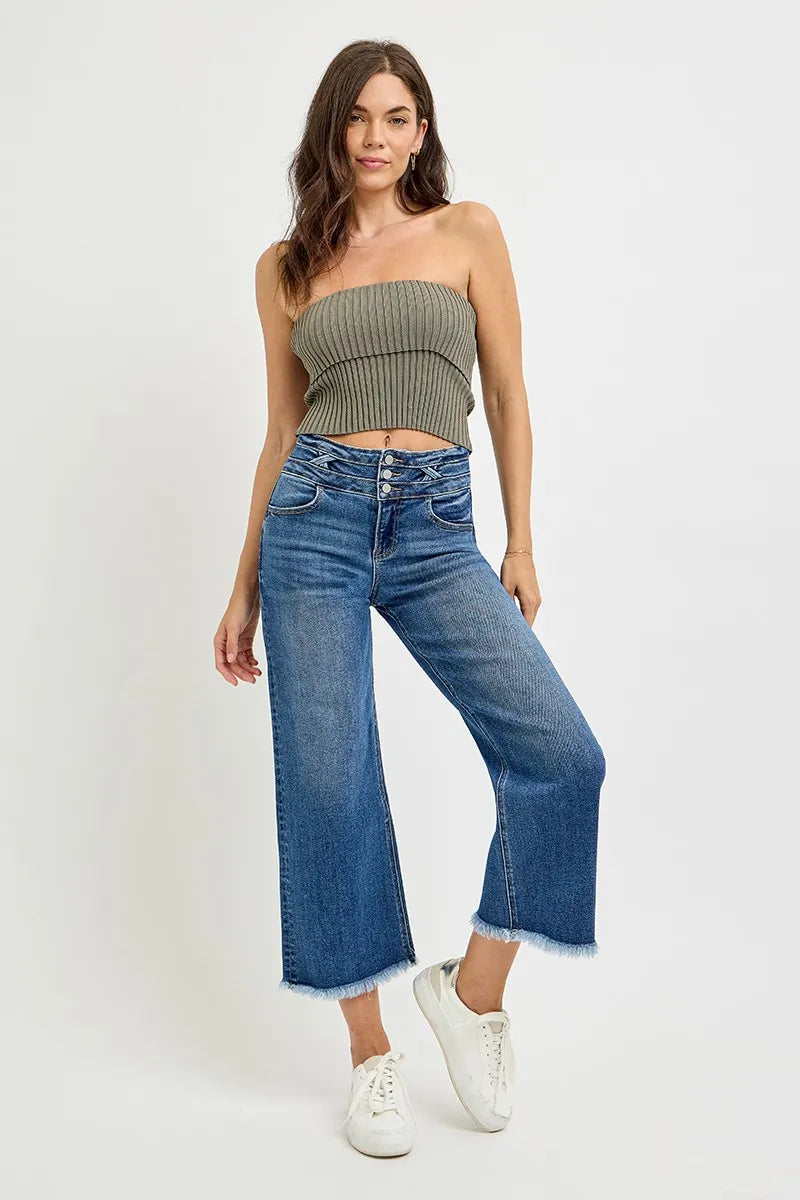 RISEN High Rise Crop Wide Leg Jeans with Wide Band Detail