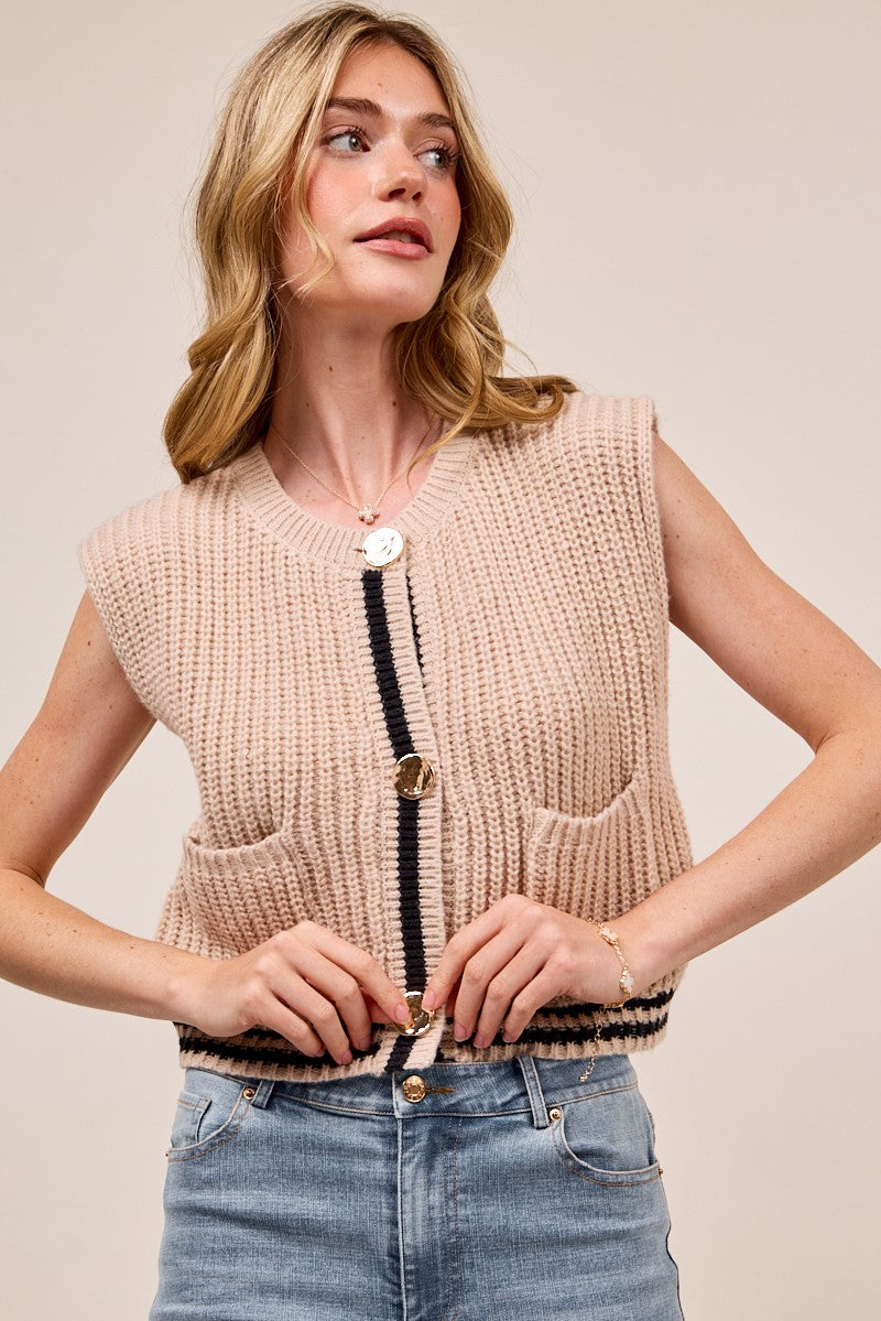 SO ME Big Metal Button Front Stripe Edge Knitted Sweater Vest