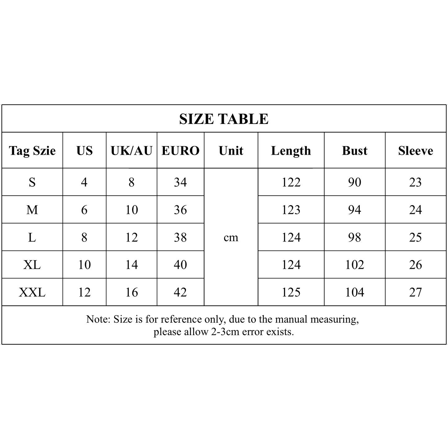 Size chart for clothing with measurements in US, UK/AU, and EURO sizes.