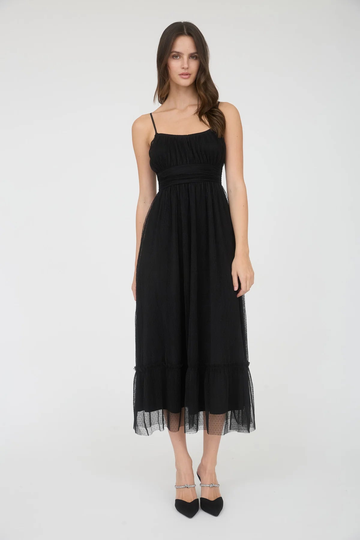 Polka Dot Tulle Spaghetti Strap Midi Dress Black / Small