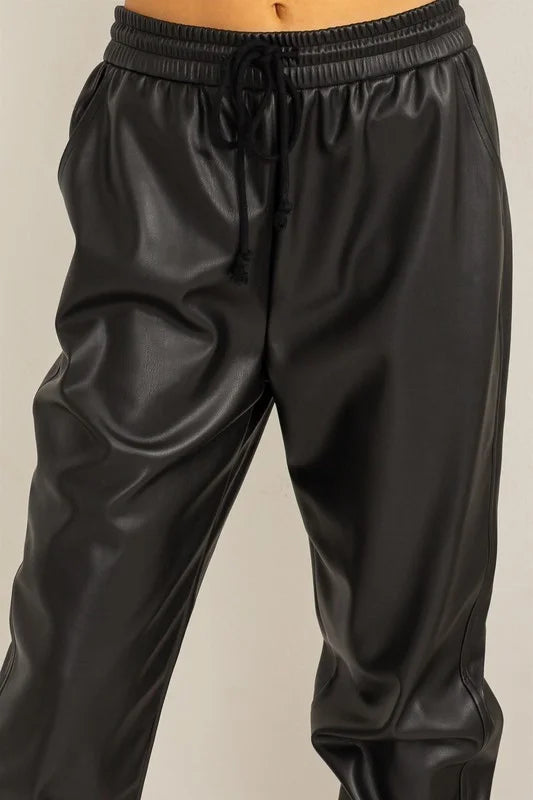 Leather Drawstring High-Waisted Jogger Pants