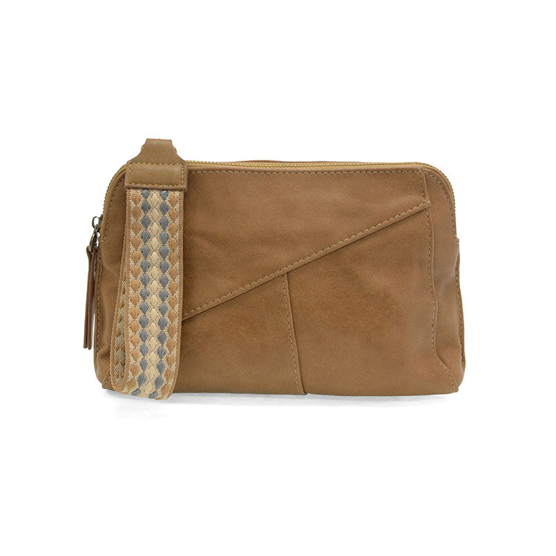Brown leather clutch with a strap on a white background