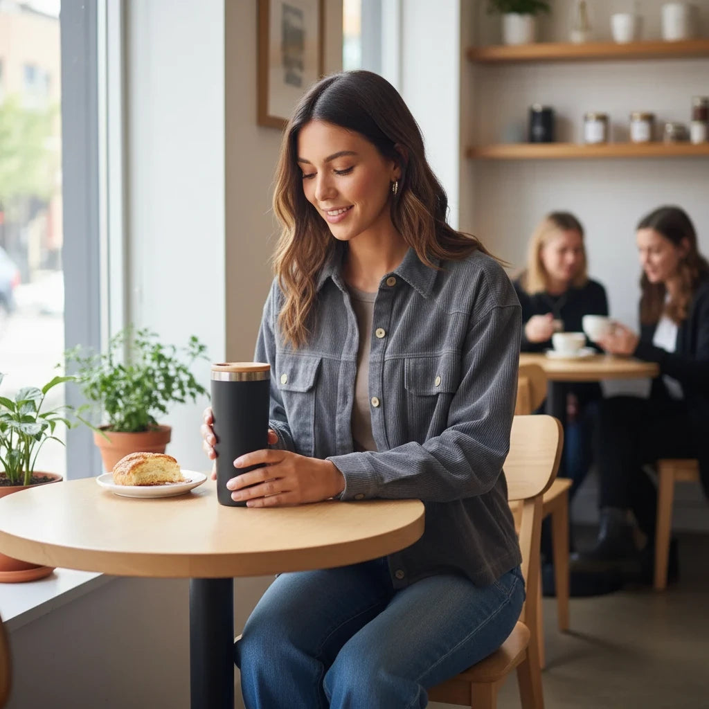 Woman wearing an Apricot Lane Duluth grey corduroy shacket while sitting at a cafe table with a coffee cup