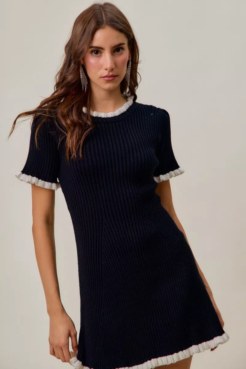 SO ME Contrast Ruffled Sweater Knit Mini Dress
