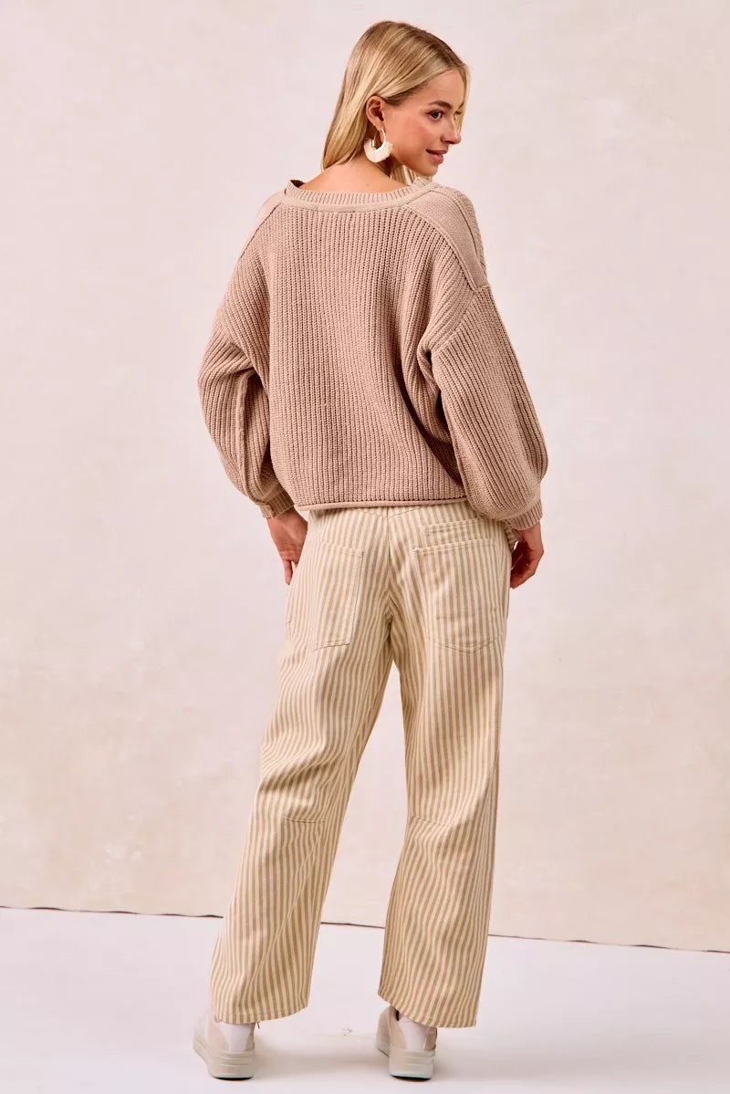BiBi Drawstring Striped Twill Barrel Pants