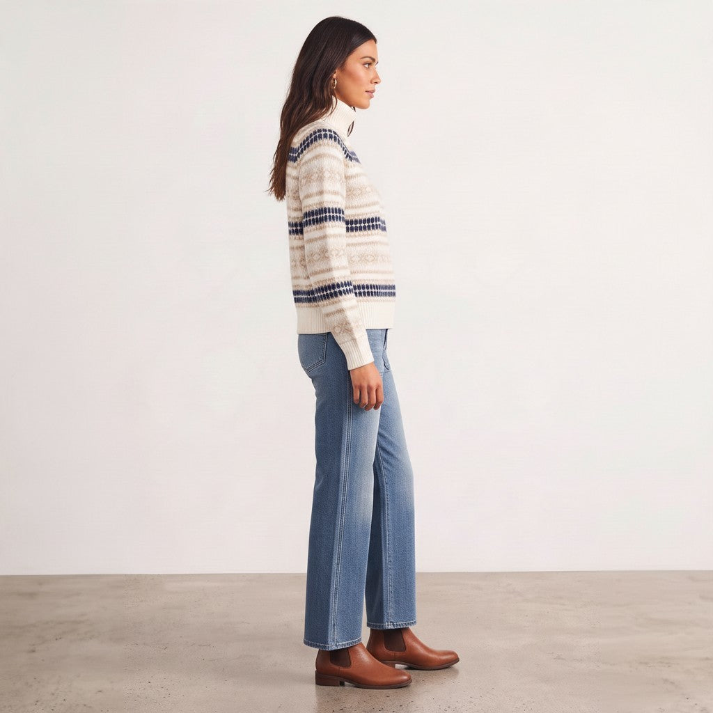 Apricot Lane Duluth ivory Fair Isle turtleneck sweater with navy and taupe geometric patterns worn with blue jeans.