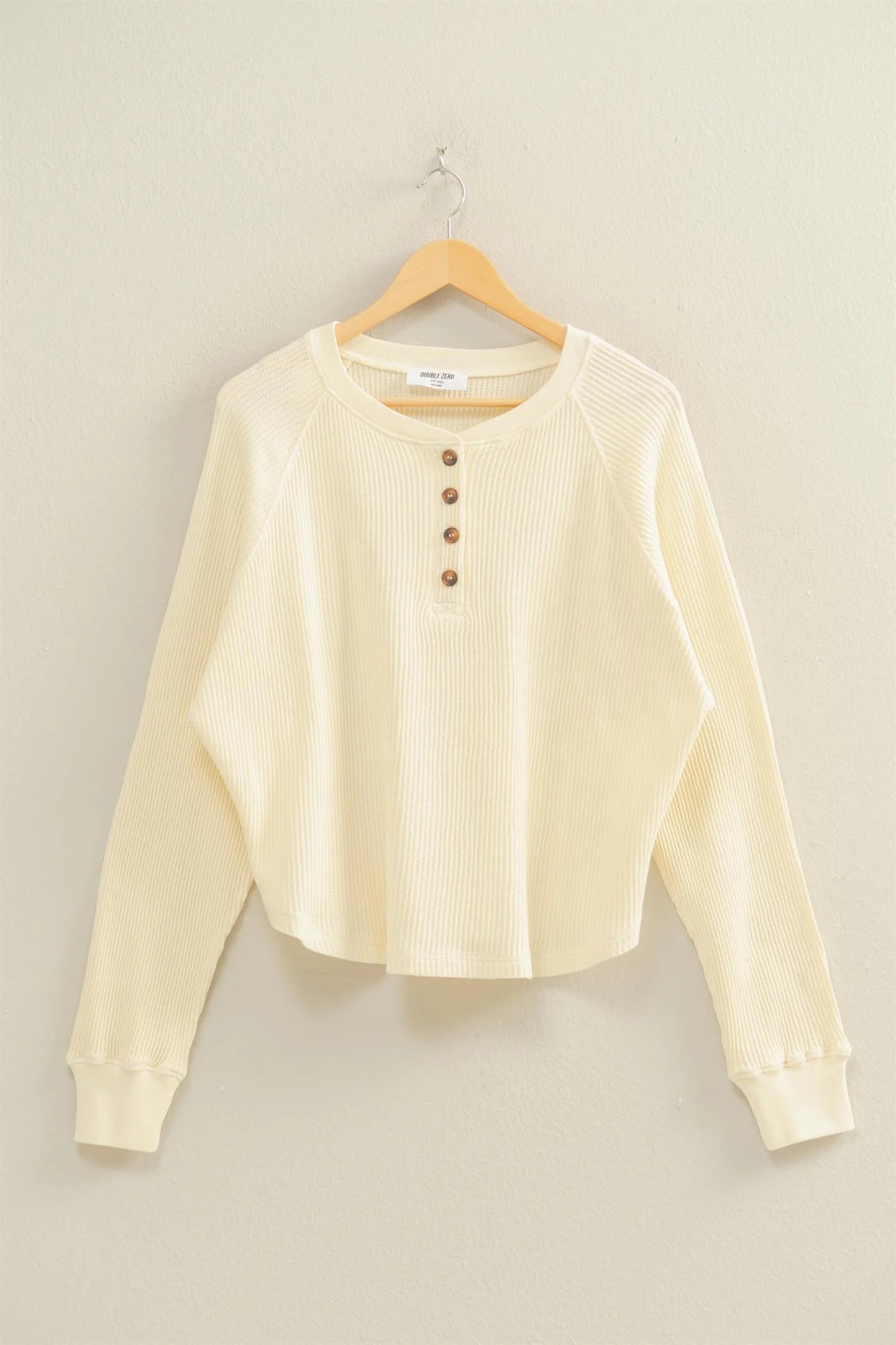 Mineral Washed Henley Waffle Raglan Sleeve Top