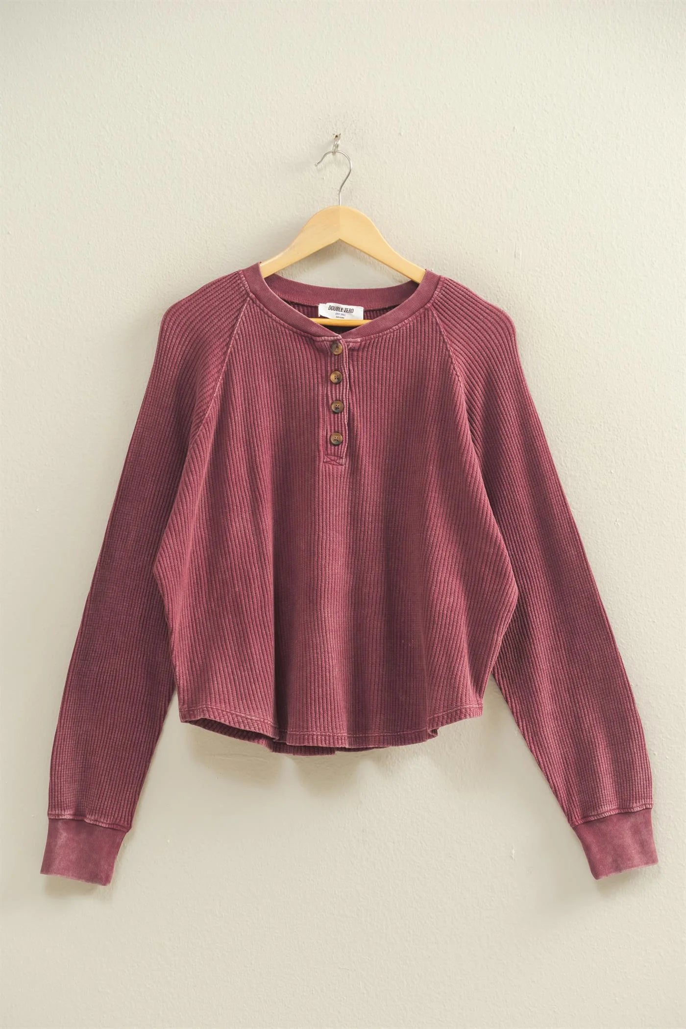 Mineral Washed Henley Waffle Raglan Sleeve Top