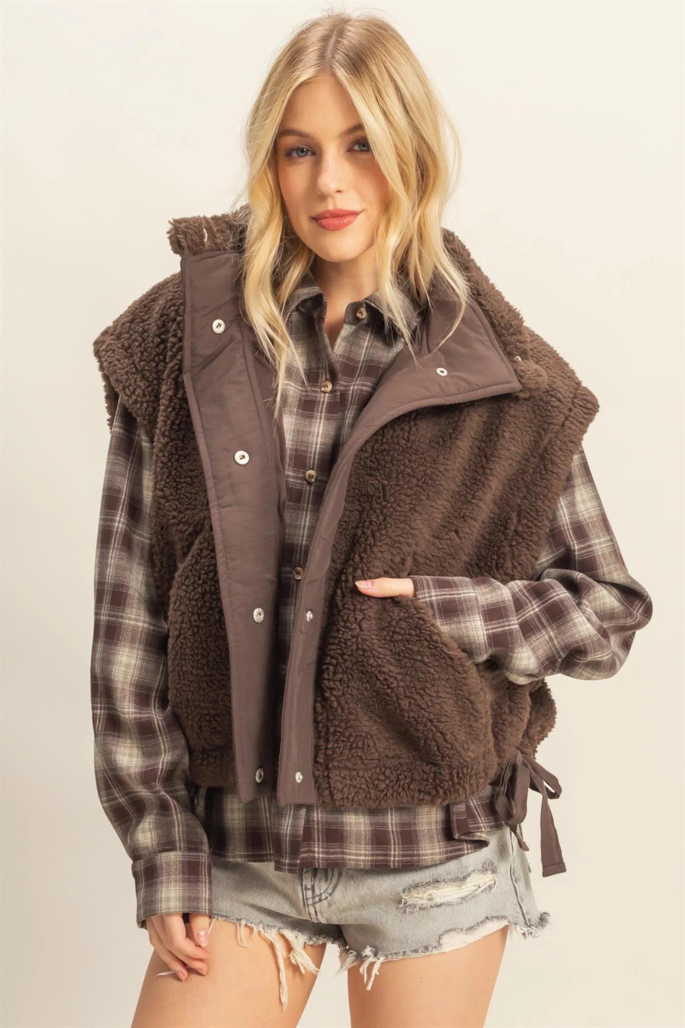 Cozy Sherpa Vest Jacket with Tie-Up Side Details