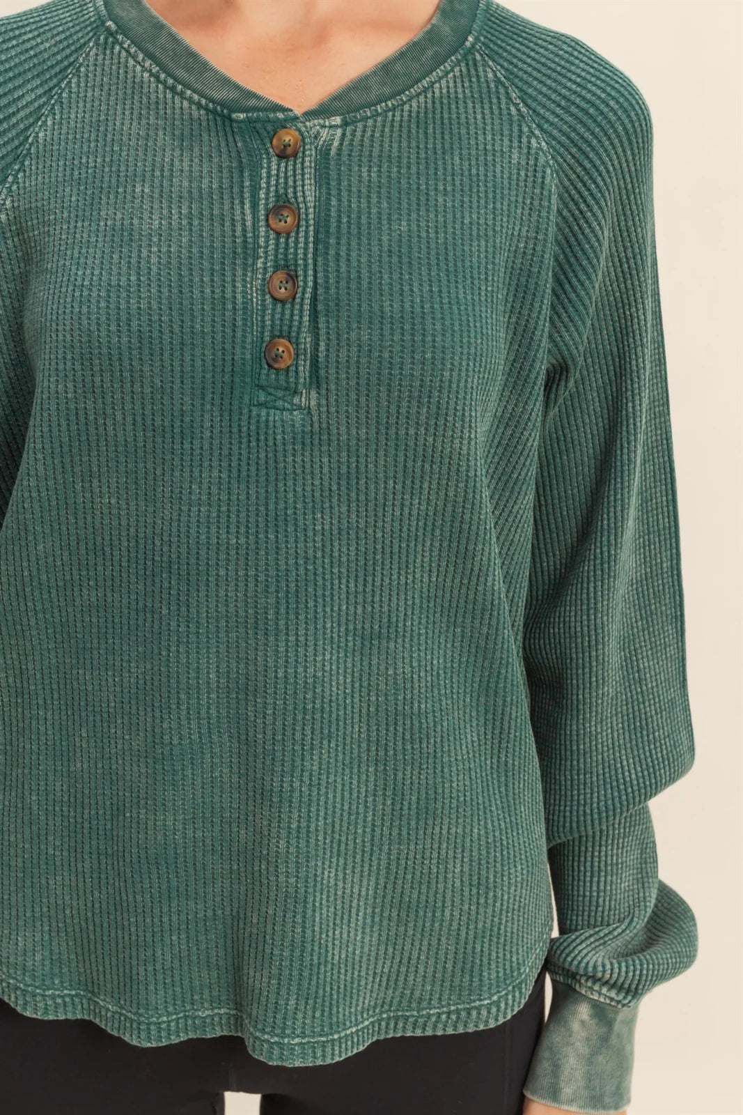 Mineral Washed Henley Waffle Raglan Sleeve Top