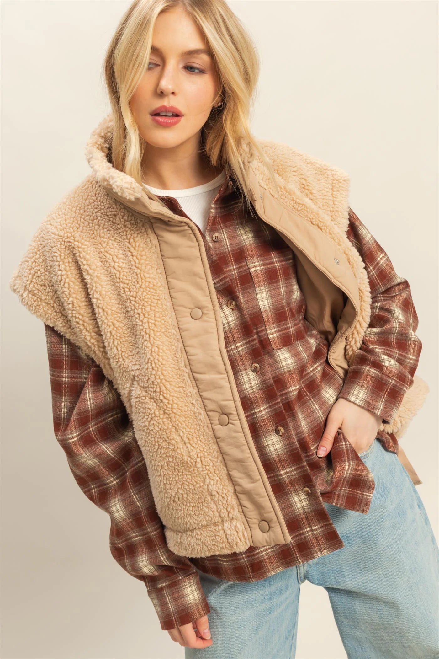 Cozy Sherpa Vest Jacket with Tie-Up Side Details