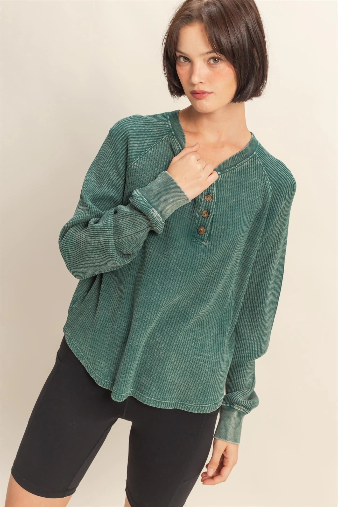 Mineral Washed Henley Waffle Raglan Sleeve Top