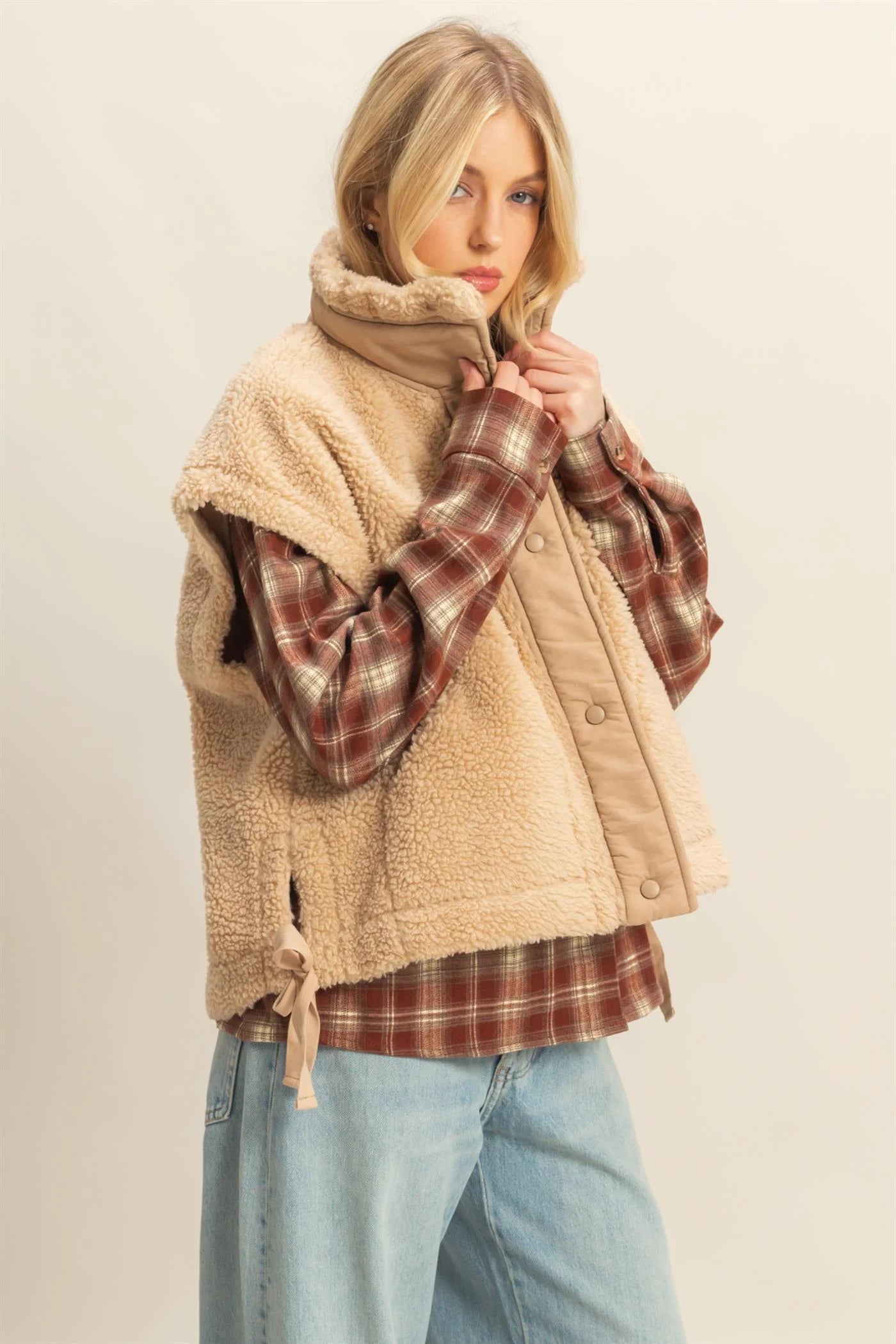 Cozy Sherpa Vest Jacket with Tie-Up Side Details