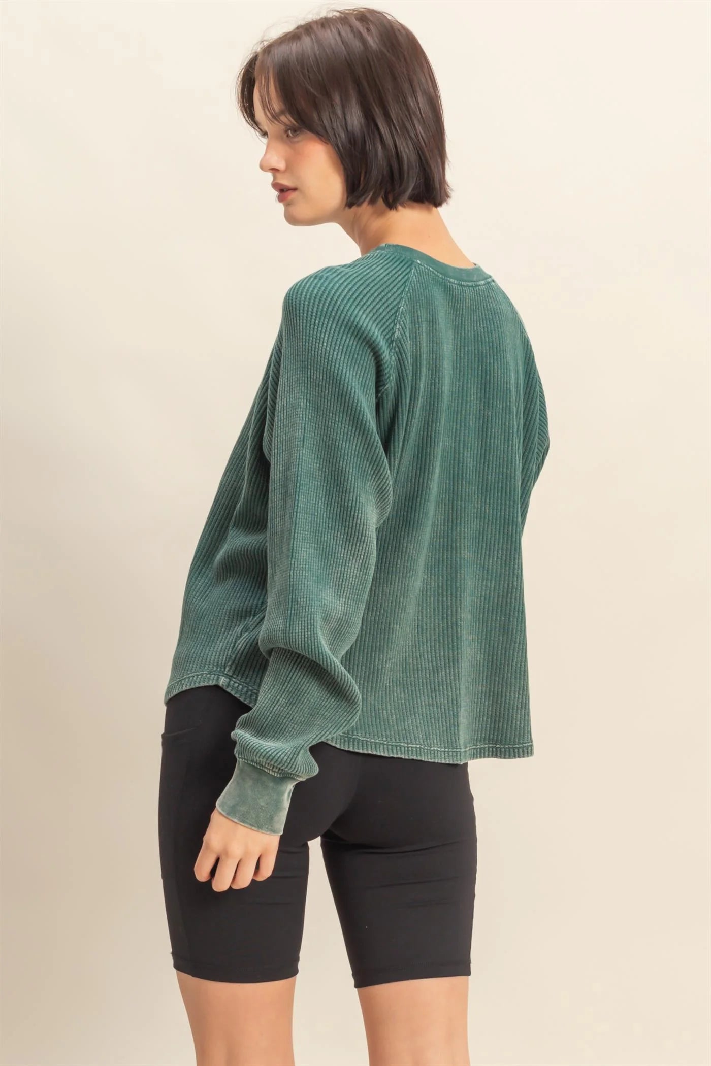 Mineral Washed Henley Waffle Raglan Sleeve Top