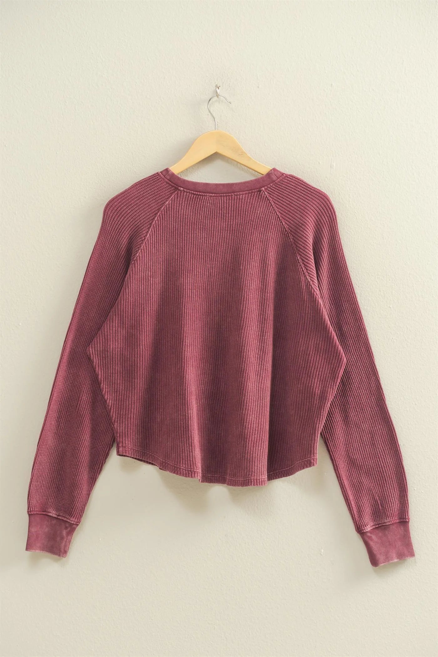 Mineral Washed Henley Waffle Raglan Sleeve Top