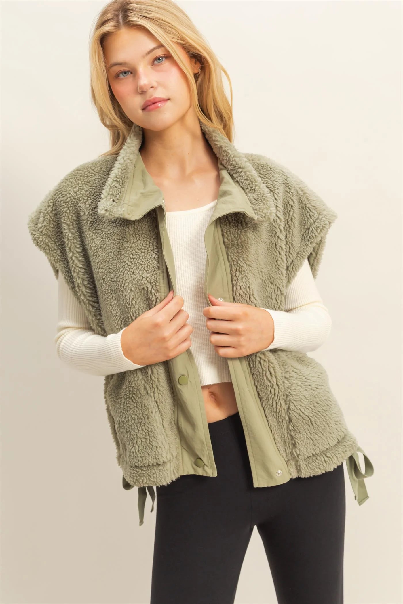 Cozy Sherpa Vest Jacket with Tie-Up Side Details