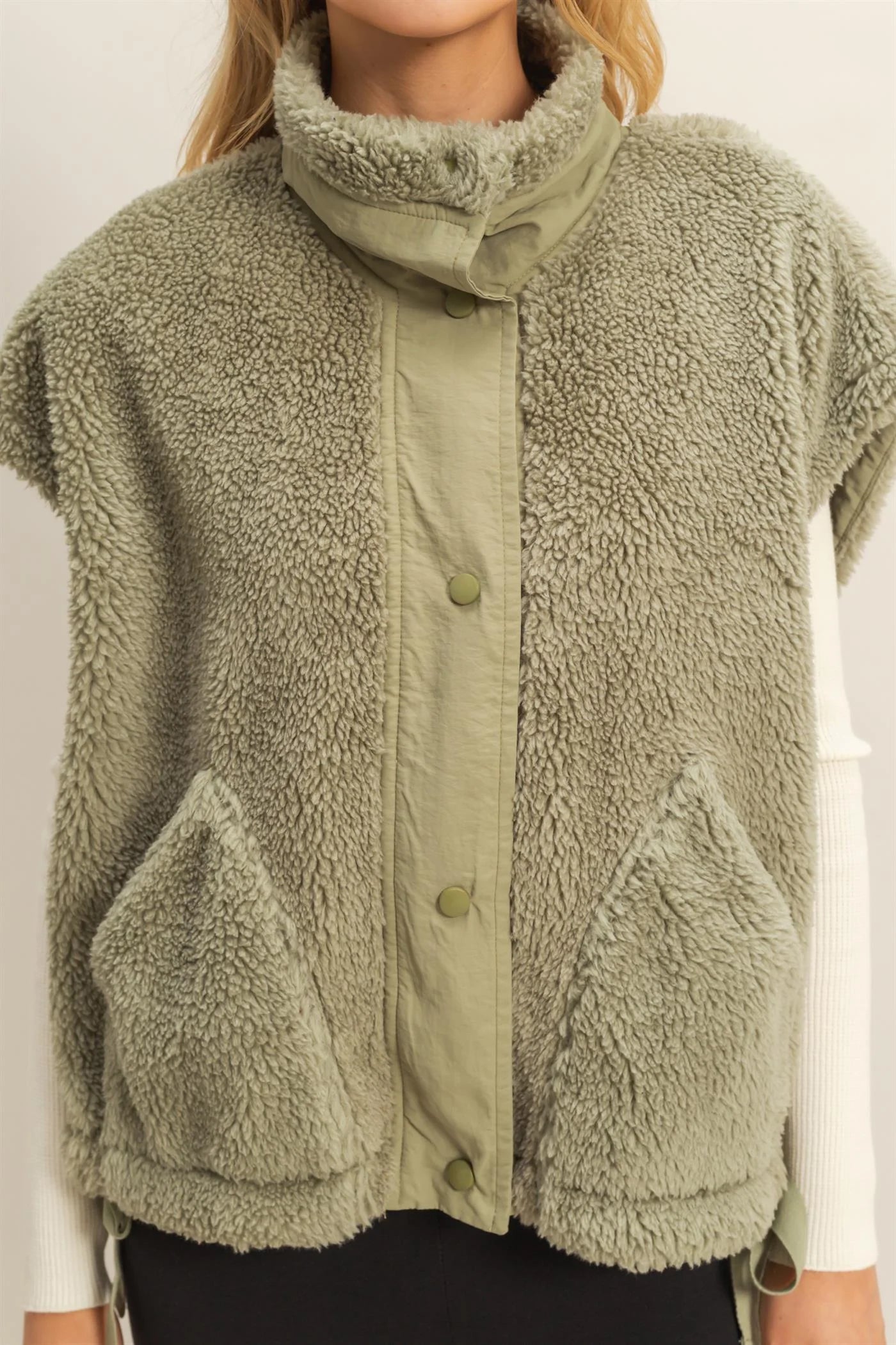 Cozy Sherpa Vest Jacket with Tie-Up Side Details