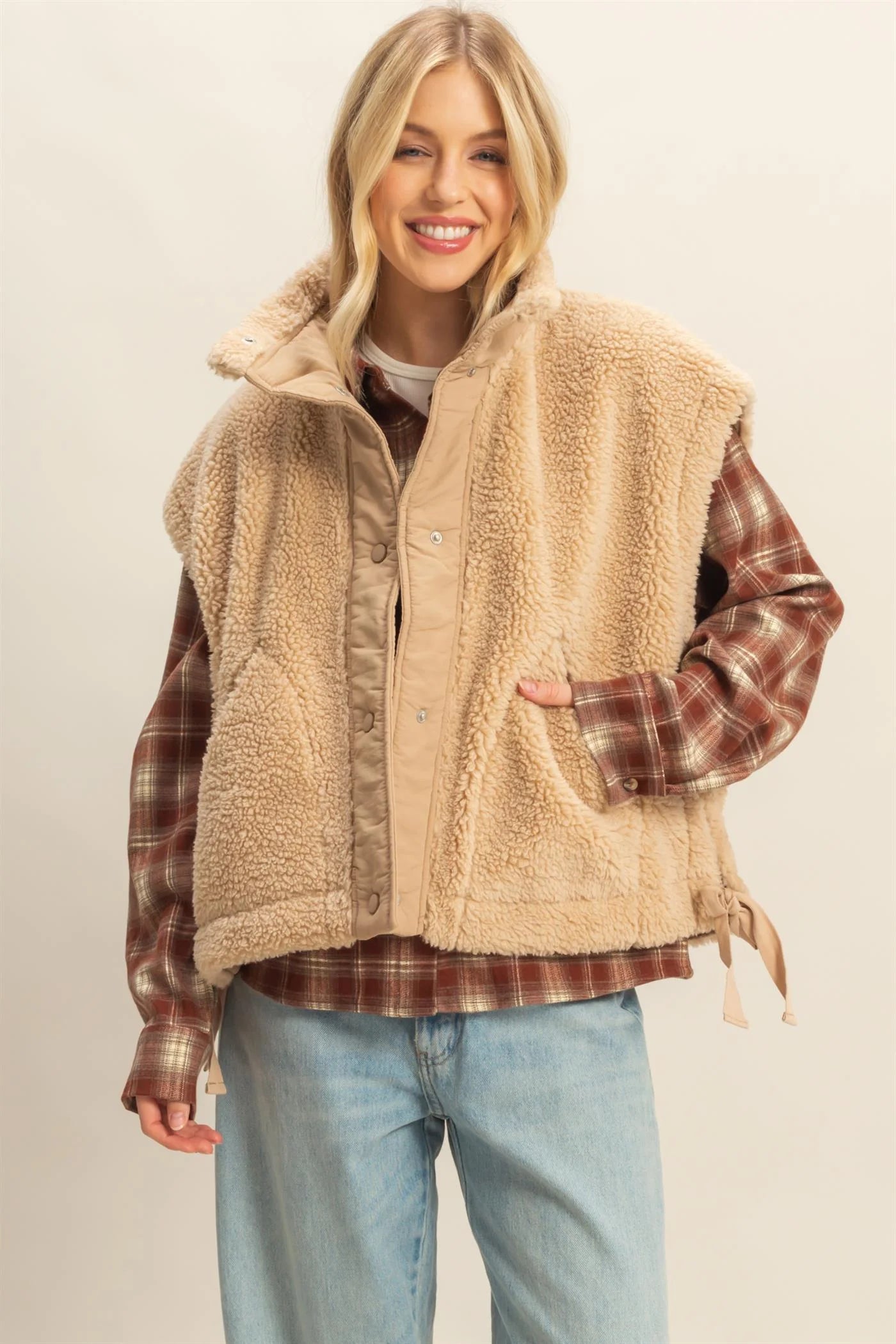Cozy Sherpa Vest Jacket with Tie-Up Side Details