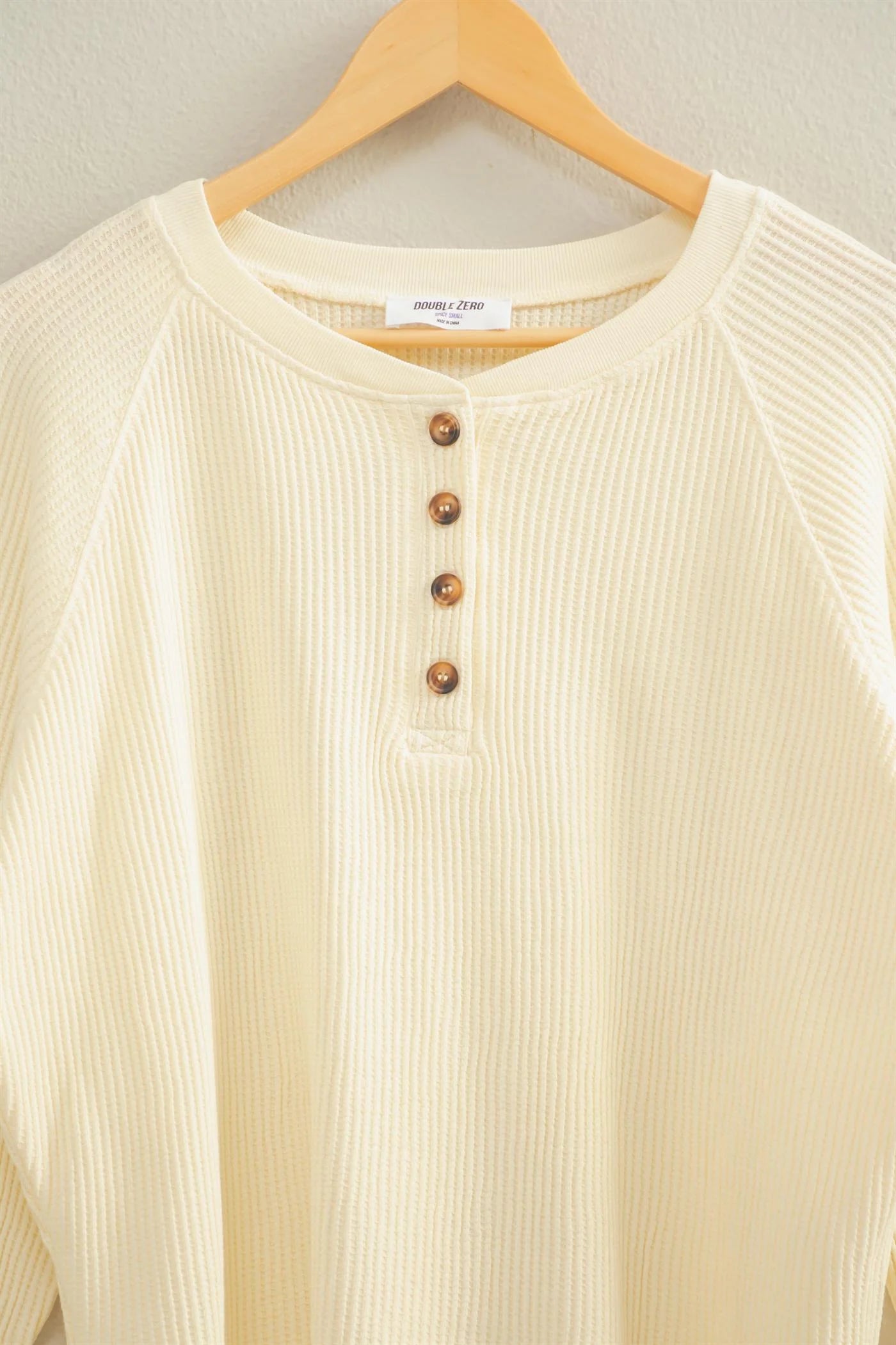 Mineral Washed Henley Waffle Raglan Sleeve Top