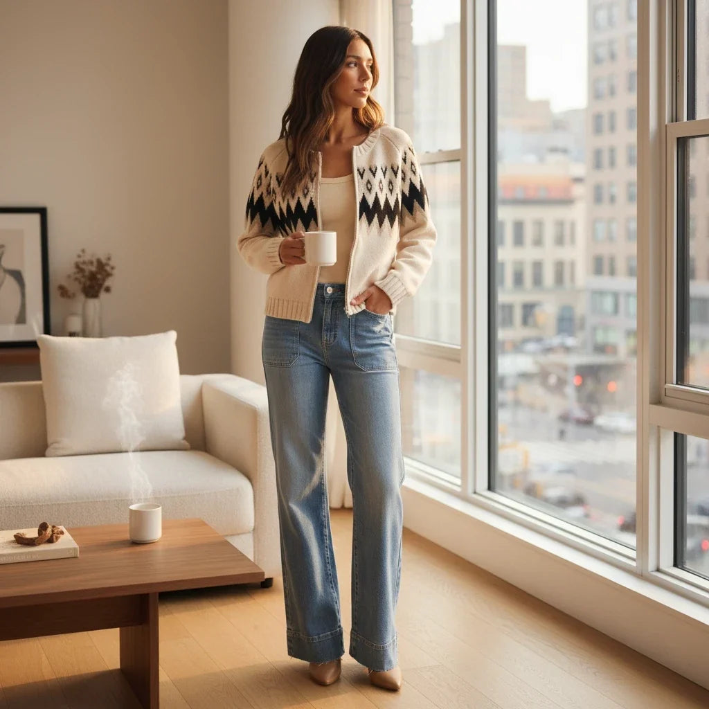 Woman wearing an Apricot Lane Duluth Aspen Fair Isle zip cardigan in cream and black with blue denim jeans