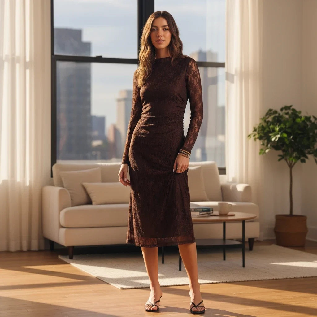Model wearing Apricot Lane Duluth brown floral lace midi dress with mock neck, sheer sleeves, and ruched waist detail.