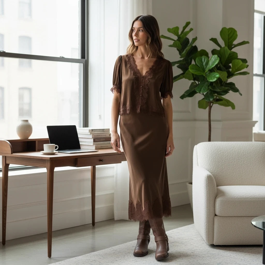 A woman modeling a brown satin midi dress with lace trim and short puff sleeves, paired with brown leather boots, against a white studio wall.
