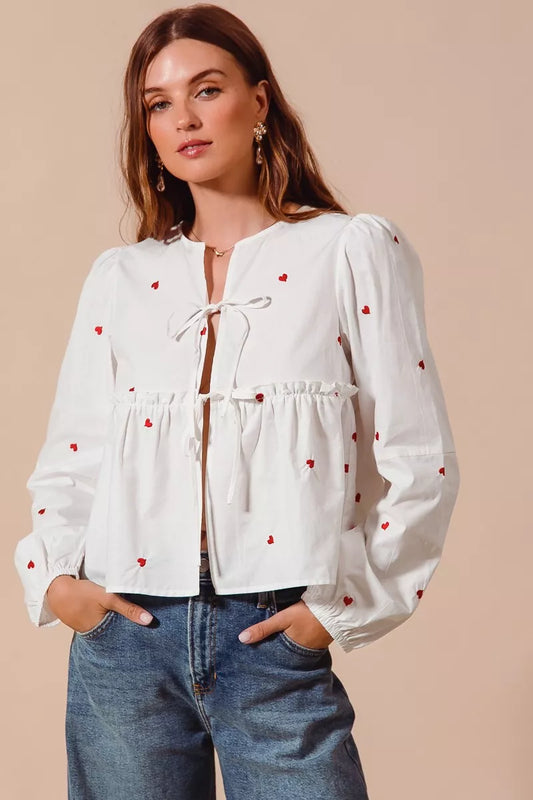 SO ME Front Tie Heart Embroidered Blouse With Puff Sleeve IVORY