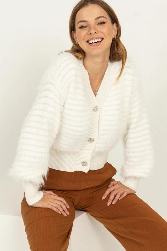 Sweet Spot Embellished Button Fuzzy Cardigan