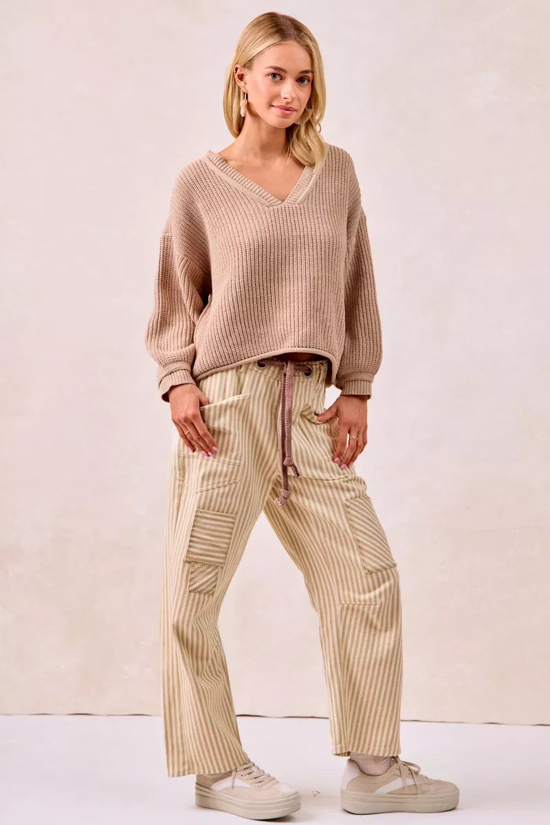 BiBi Drawstring Striped Twill Barrel Pants