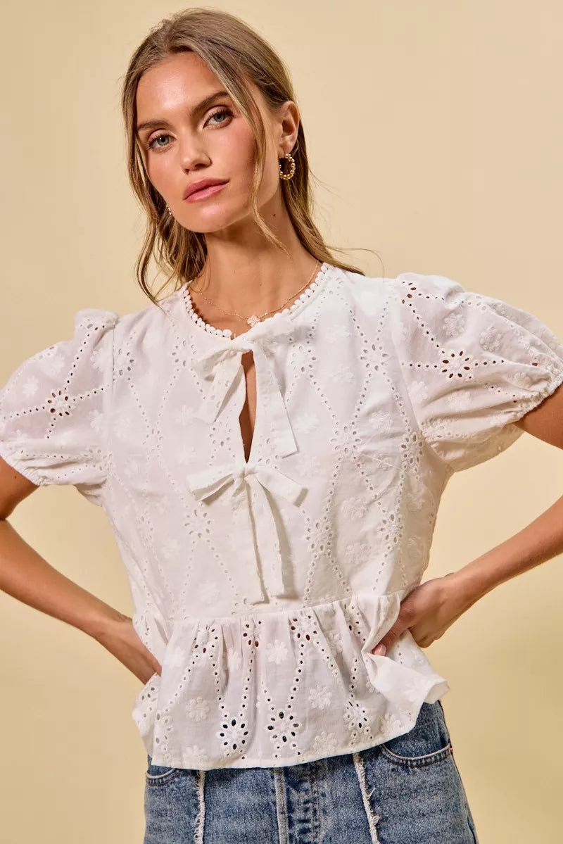 SO ME Cotton Eyelet Front Tie Short Sleeves Blouse