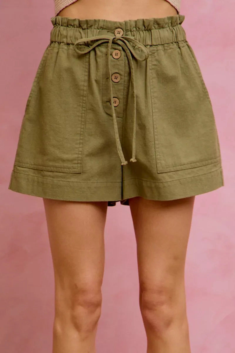 SO ME Paper Bag Patch Pocket Drawstring Twill Shorts