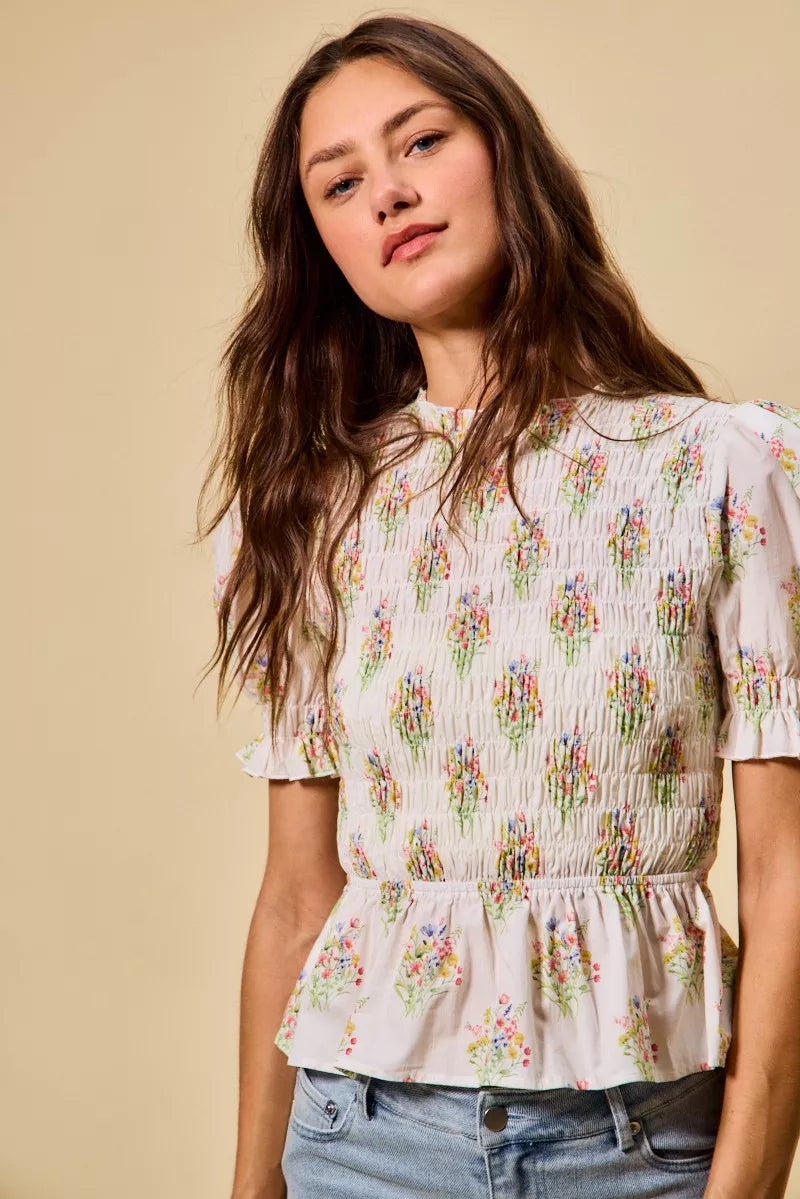 SO ME Floral Cotton Smocked Short Sleeves Blouse