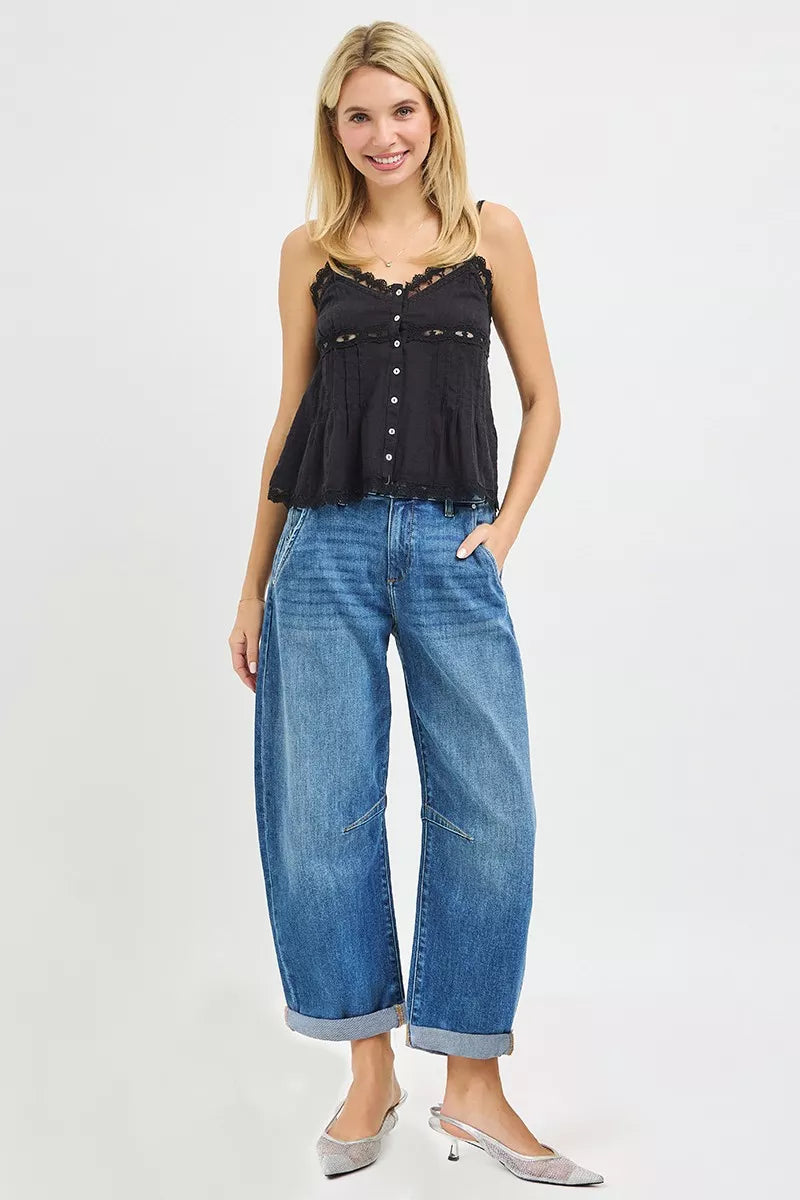 RISEN Slouchy Cropped Barrel Jeans With Cuffed Hem