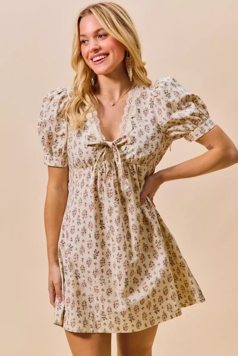 SO ME Floral Print Lace Trim Short Sleeves Mini Dress