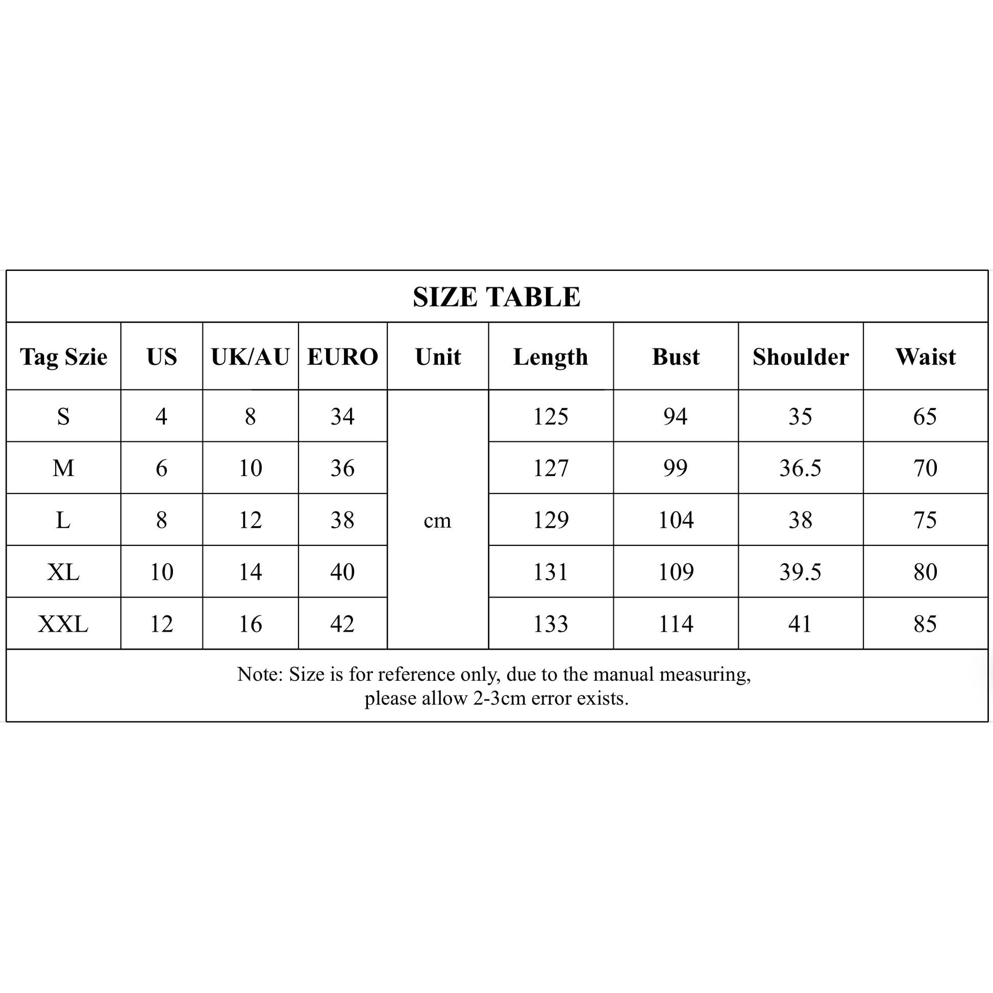 Size chart for clothing measurements in US, UK/AU, and EURO with corresponding length, bust, shoulder, and waist dimensions.