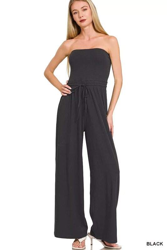 Zenana Tube Top Jumpsuit with Drawstring Waist BLACK