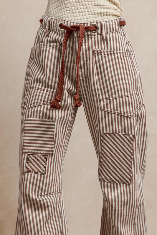 BiBi Drawstring Striped Twill Barrel Pants MOCHA BROWN