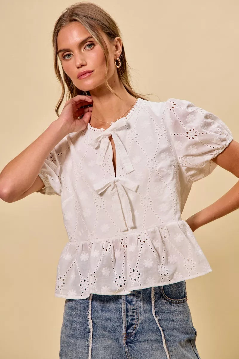 SO ME Cotton Eyelet Front Tie Short Sleeves Blouse