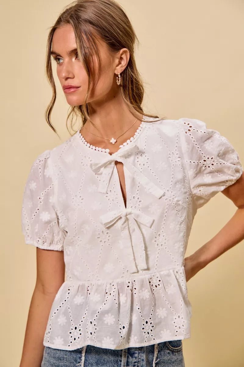 SO ME Cotton Eyelet Front Tie Short Sleeves Blouse