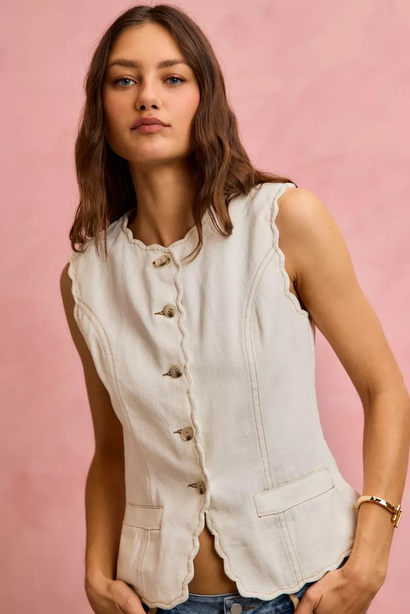 SO ME Scalloped Edge Cotton Twill Washed Vest Top