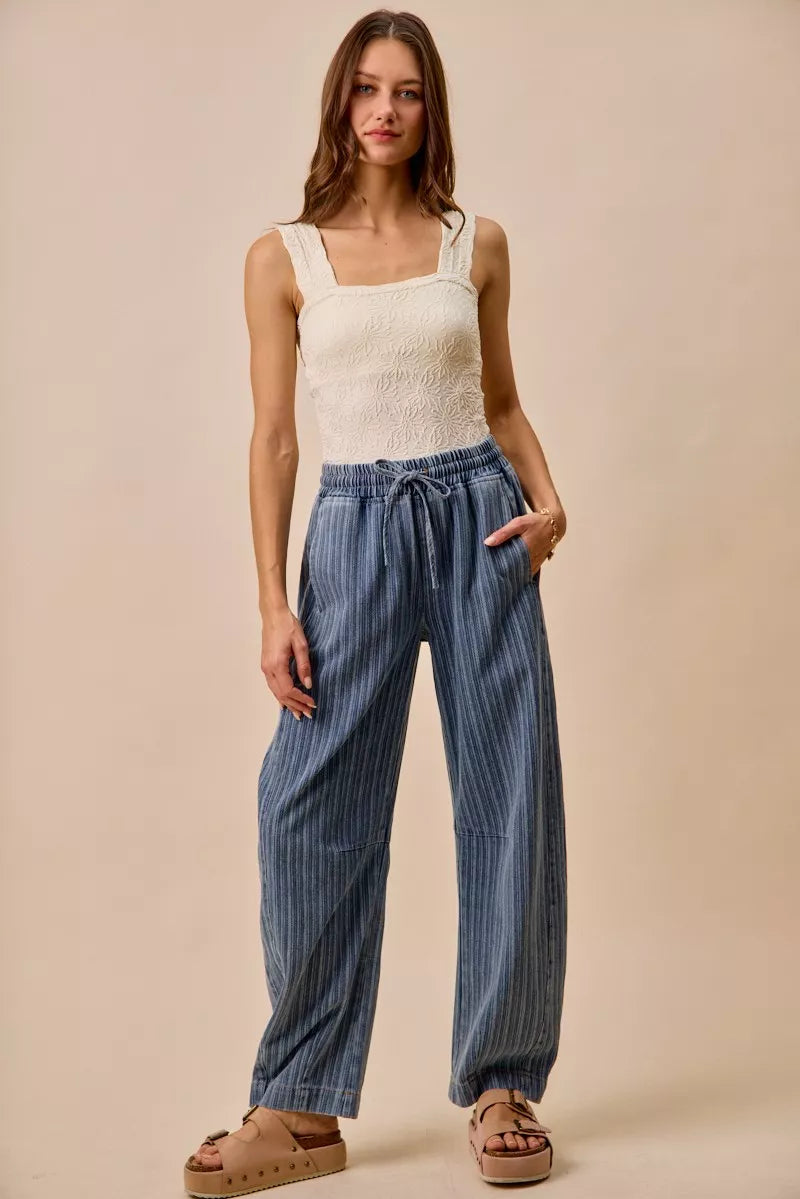 SO ME Stripe Denim Barrel Jeans Drawstring Waistband