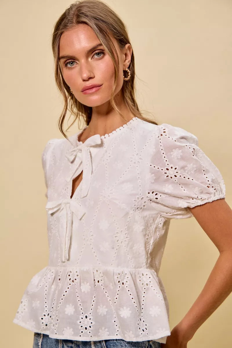 SO ME Cotton Eyelet Front Tie Short Sleeves Blouse