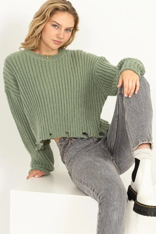 Favorite Date Ribbed Distressed Hem Sweater