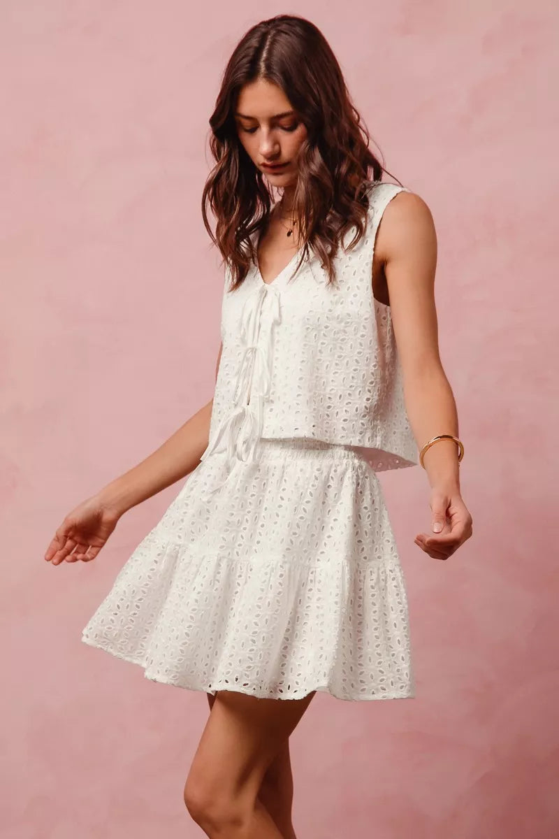 SO ME Floral Eyelet Lace Tie Front Vest Top and Tiered Mini Skirt Set