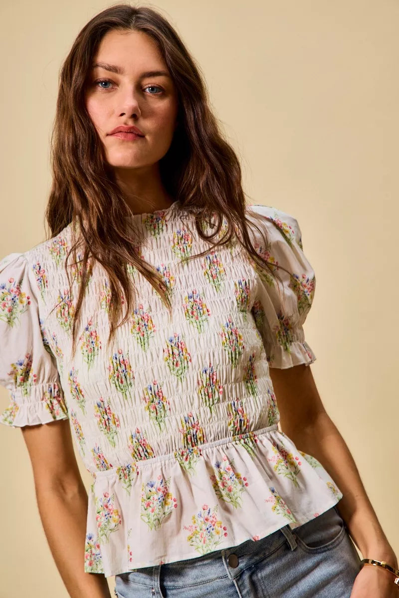 SO ME Floral Cotton Smocked Short Sleeves Blouse