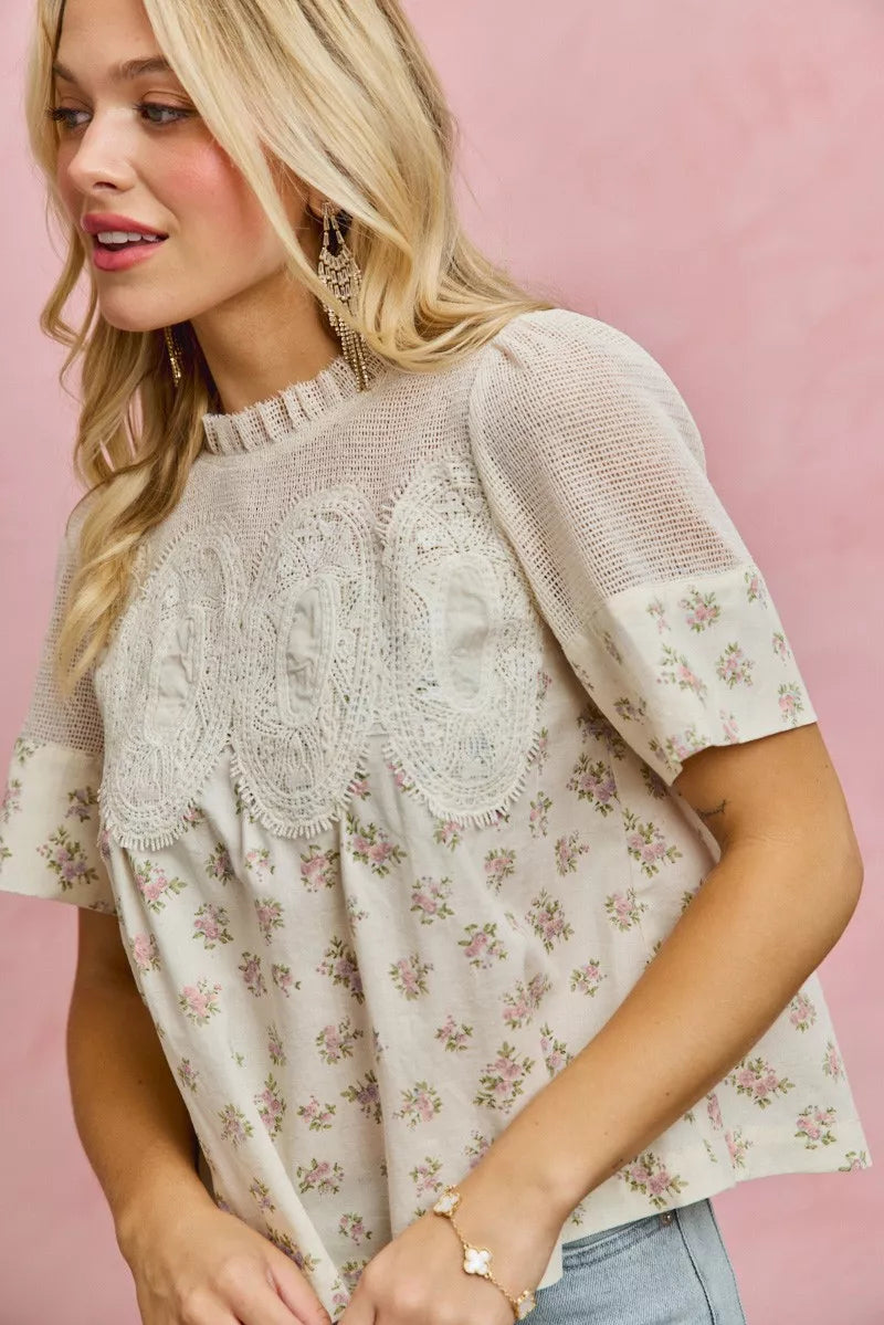 SO ME Floral Print Lace Trim Cotton Blouse BLUSH