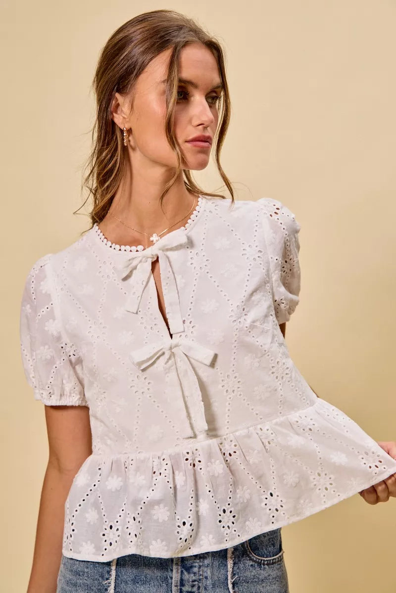 SO ME Cotton Eyelet Front Tie Short Sleeves Blouse